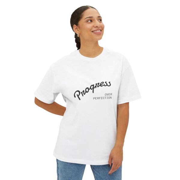 Unisex Oversized Boxy Tee - Progress Over Perfection + Hustle More Coffee, Casual Shirt, Gift for Her, Inspirational Tee, Motivational Top - Image 3