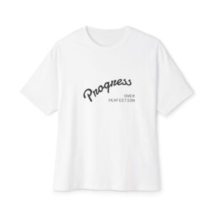 Unisex Oversized Boxy Tee – Progress Over Perfection + Hustle More Coffee, Casual Shirt, Gift for Her, Inspirational Tee, Motivational Top