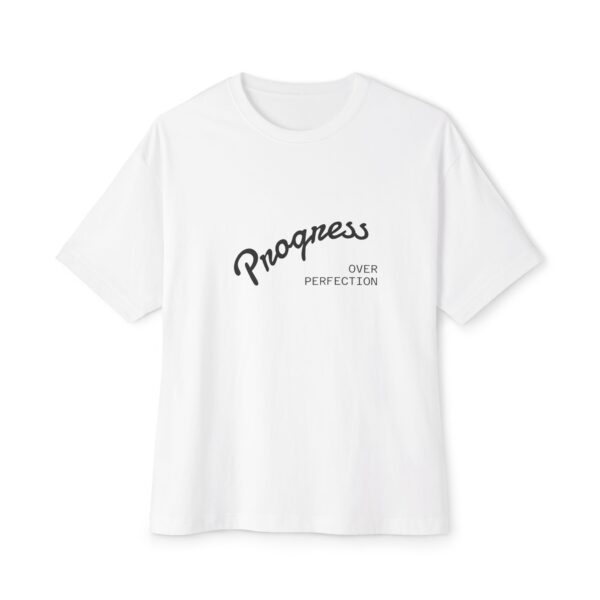 Unisex Oversized Boxy Tee - Progress Over Perfection + Hustle More Coffee, Casual Shirt, Gift for Her, Inspirational Tee, Motivational Top