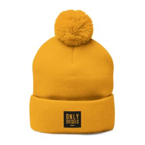 Embroidered Pom-Pom Knit Beanie – Cozy Mustard Winter Hat