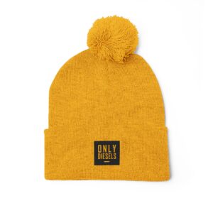 Embroidered Pom-Pom Knit Beanie – Cozy Mustard Winter Hat